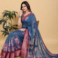 Elegant Teal Blue Floral Print Saree with Maroon Zari Border