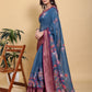 Elegant Teal Blue Floral Print Saree with Maroon Zari Border