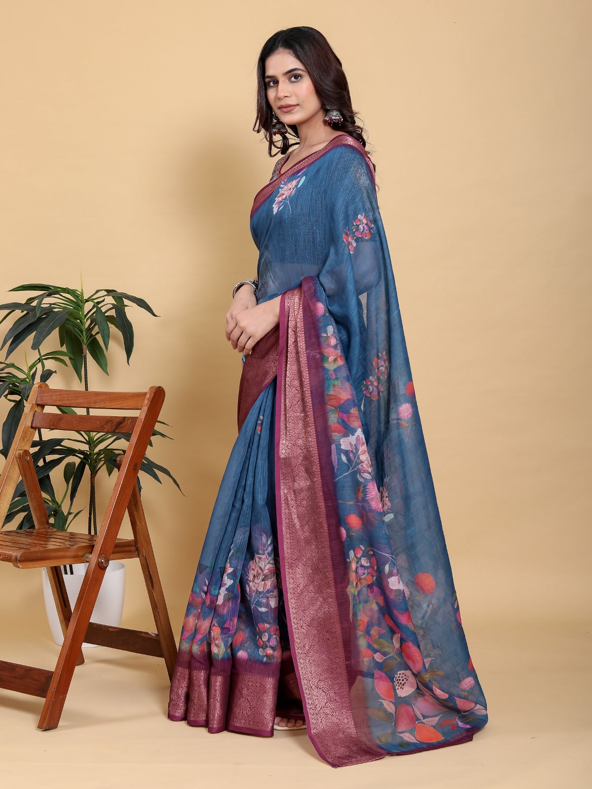 Elegant Teal Blue Floral Print Saree with Maroon Zari Border
