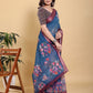Elegant Teal Blue Floral Print Saree with Maroon Zari Border