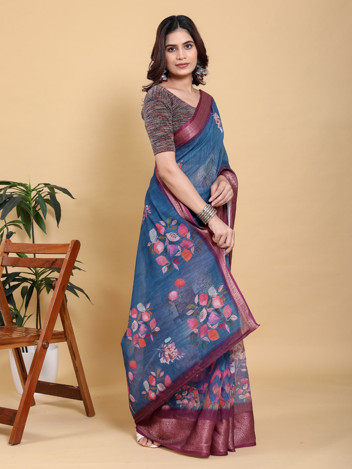 Elegant Teal Blue Floral Print Saree with Maroon Zari Border