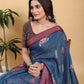 Elegant Teal Blue Floral Print Saree with Maroon Zari Border