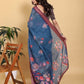 Elegant Teal Blue Floral Print Saree with Maroon Zari Border