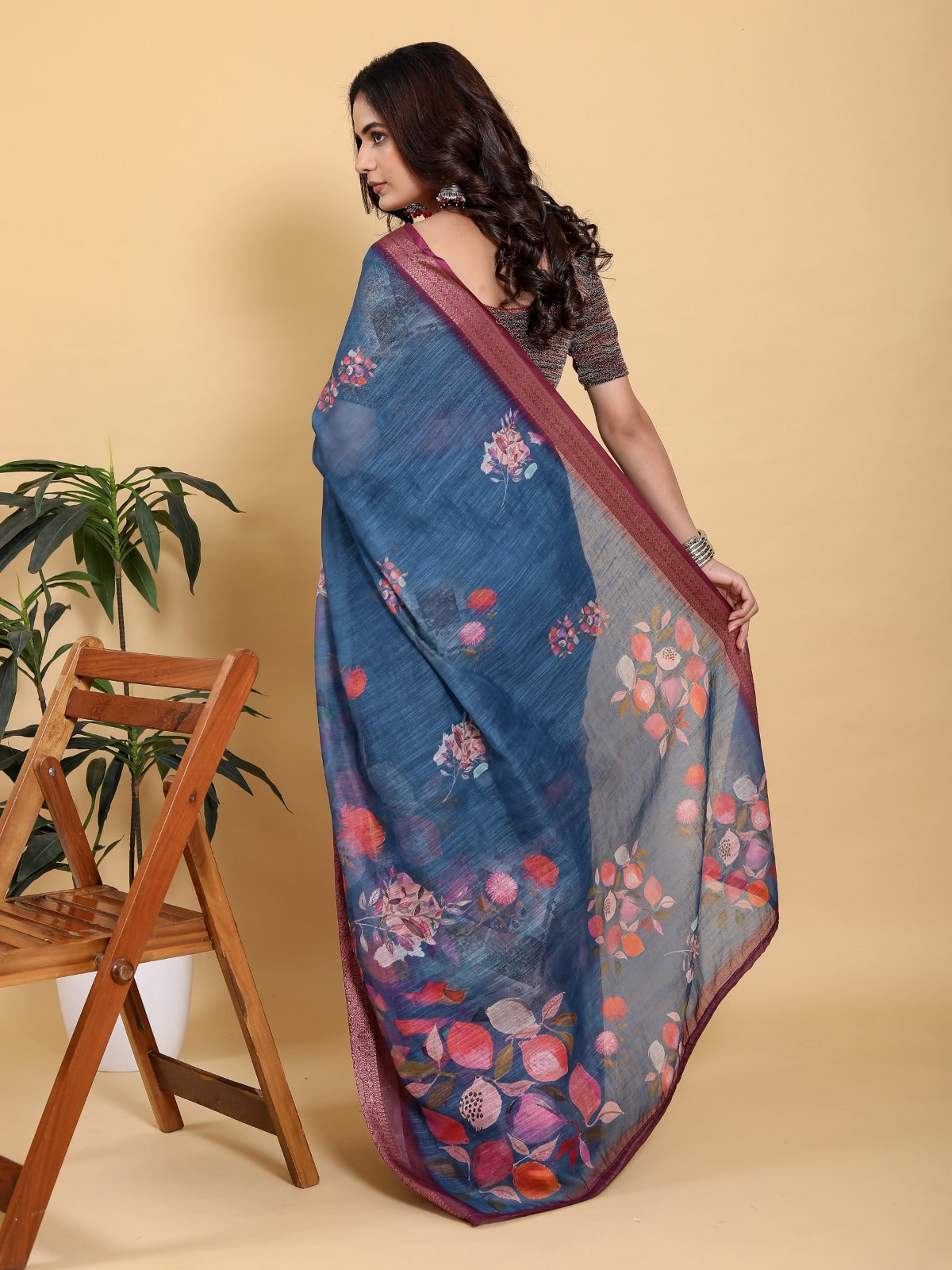 Elegant Teal Blue Floral Print Saree with Maroon Zari Border