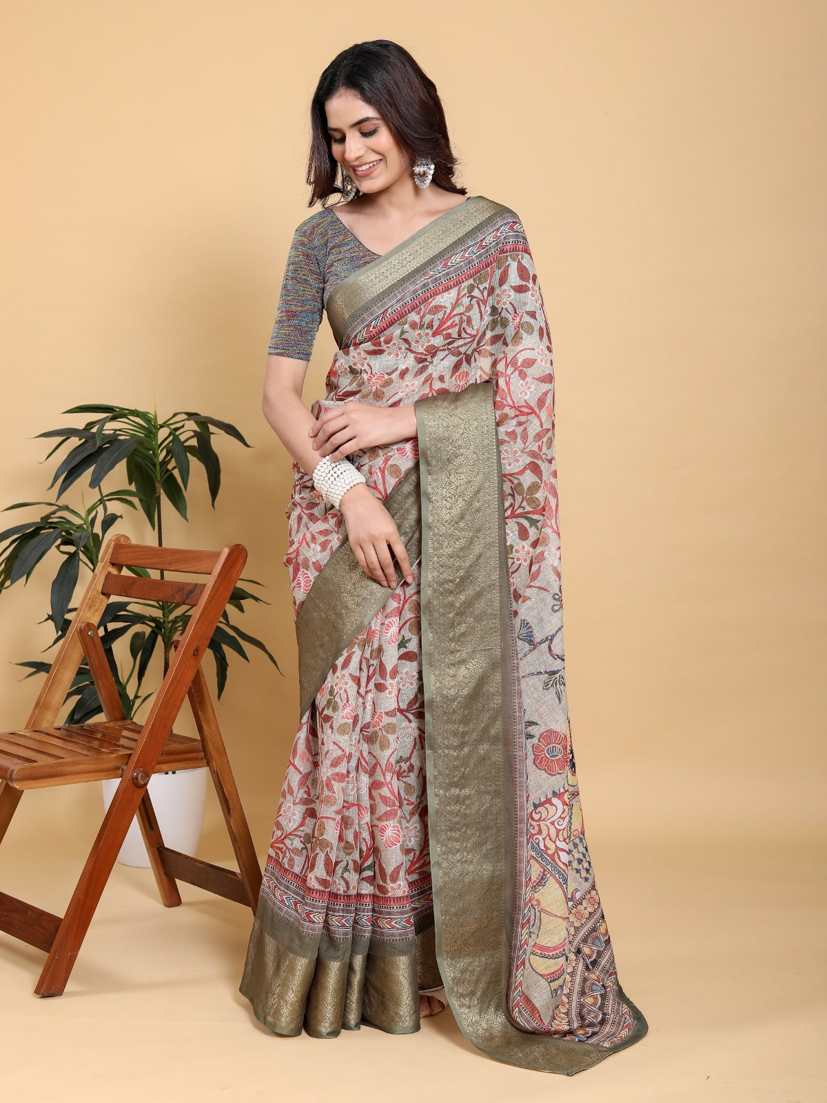 Elegant Beige Kalamkari Print Saree with Olive Green Zari Border