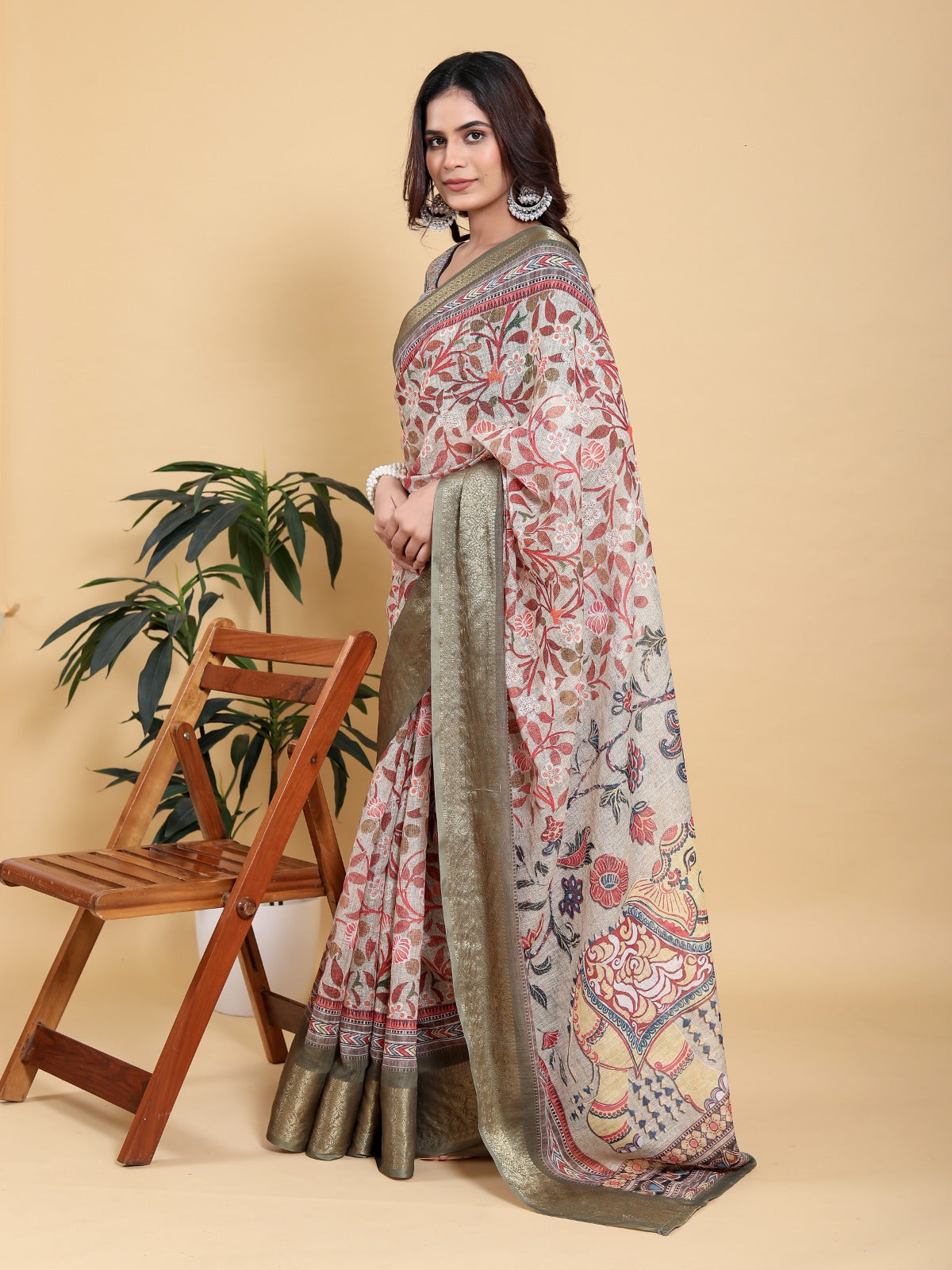 Elegant Beige Kalamkari Print Saree with Olive Green Zari Border
