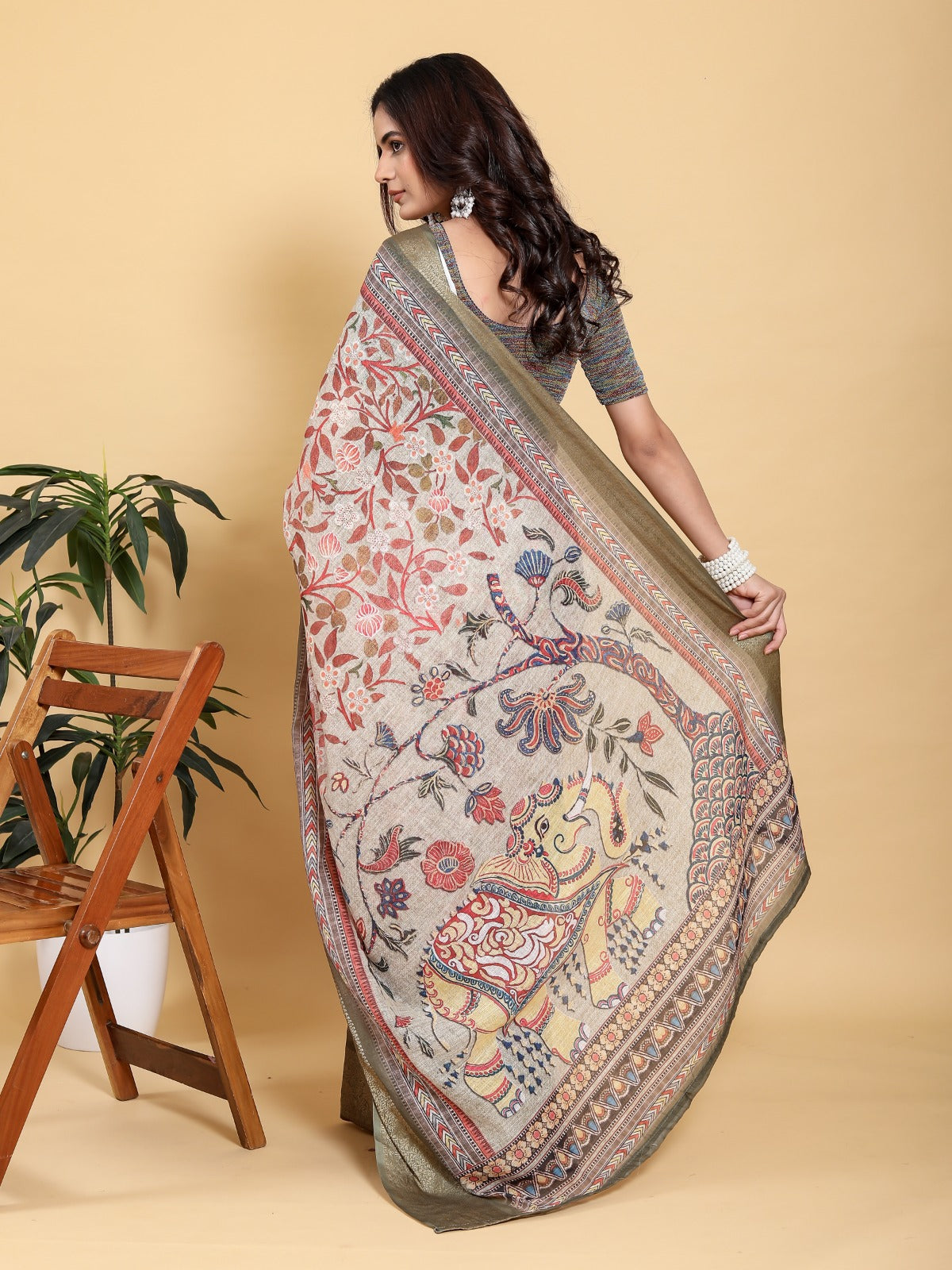 Elegant Beige Kalamkari Print Saree with Olive Green Zari Border