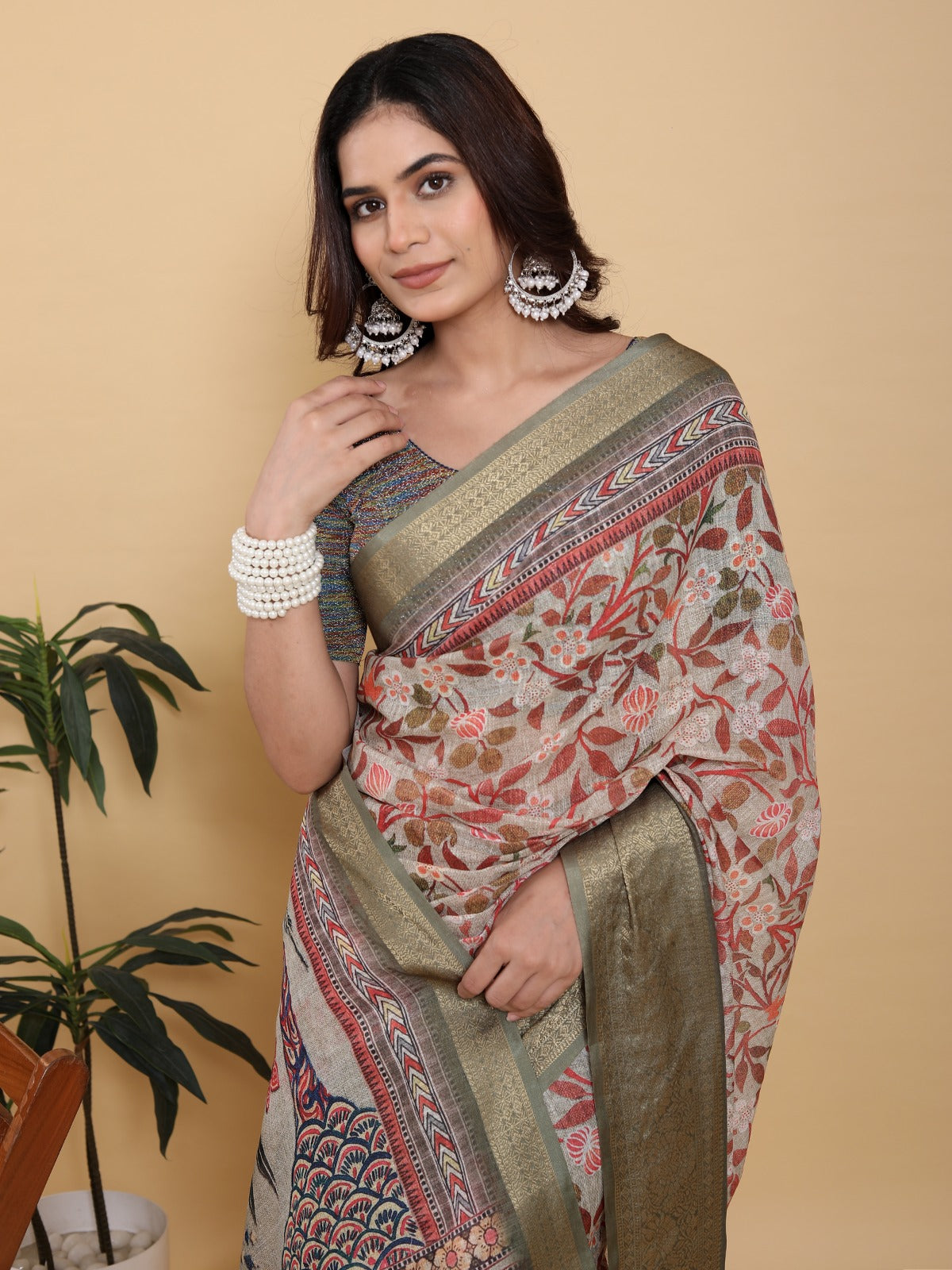 Elegant Beige Kalamkari Print Saree with Olive Green Zari Border