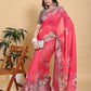 Vibrant Rani Pink Floral Saree with Contrast Green Zari Border