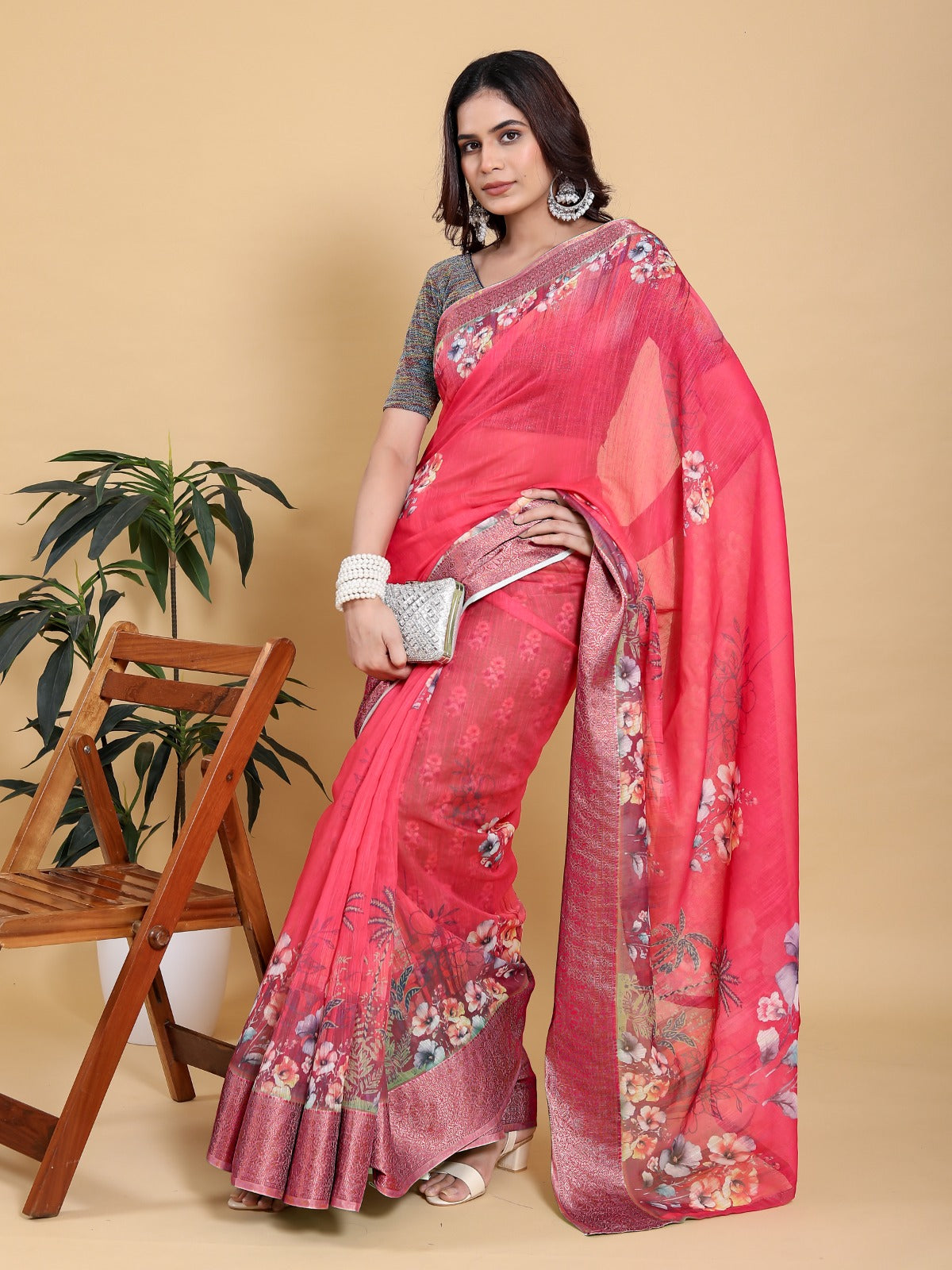 Vibrant Rani Pink Floral Saree with Contrast Green Zari Border