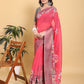 Vibrant Rani Pink Floral Saree with Contrast Green Zari Border