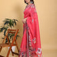 Vibrant Rani Pink Floral Saree with Contrast Green Zari Border