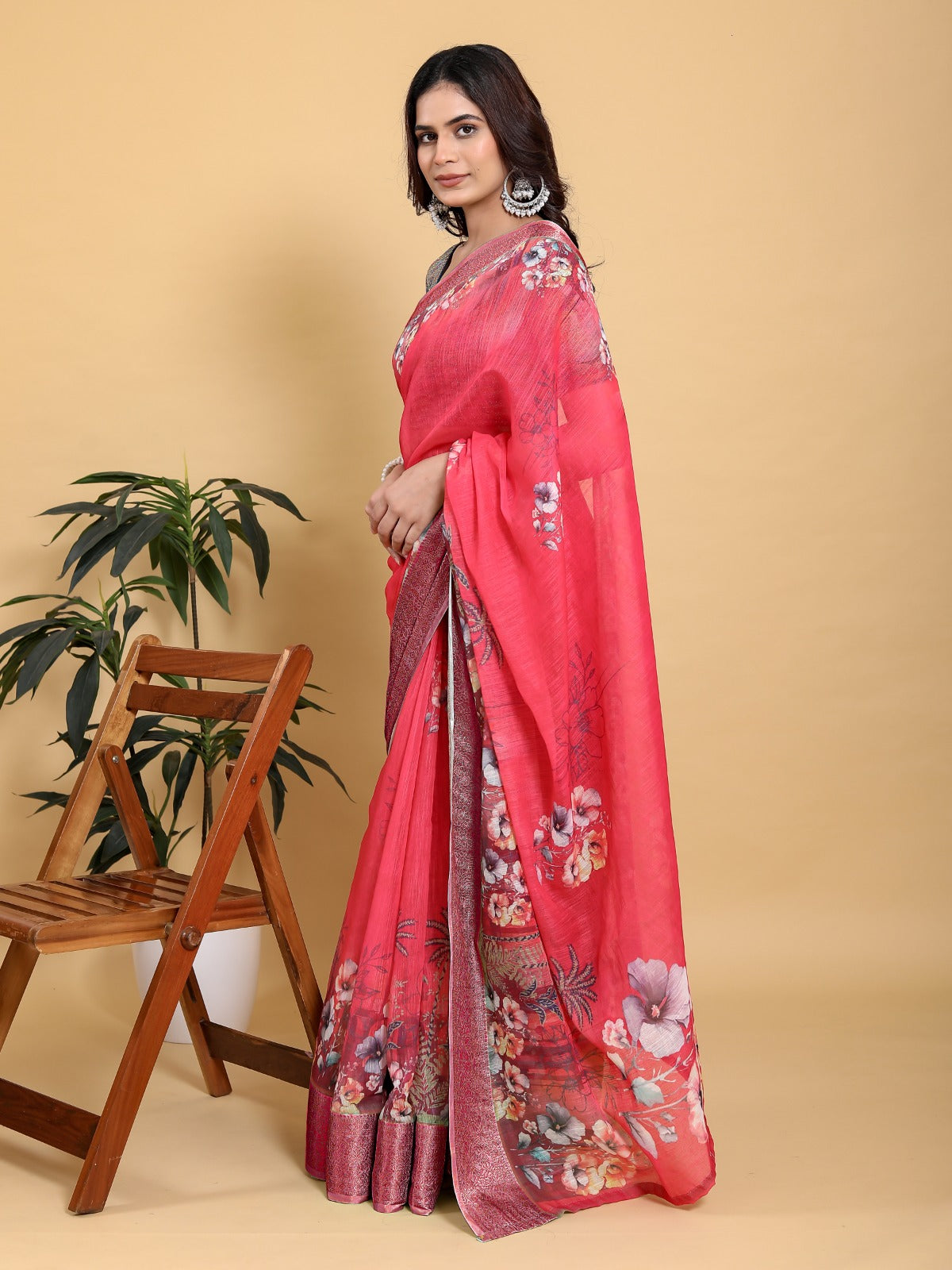 Vibrant Rani Pink Floral Saree with Contrast Green Zari Border