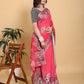 Vibrant Rani Pink Floral Saree with Contrast Green Zari Border