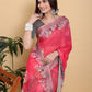 Vibrant Rani Pink Floral Saree with Contrast Green Zari Border