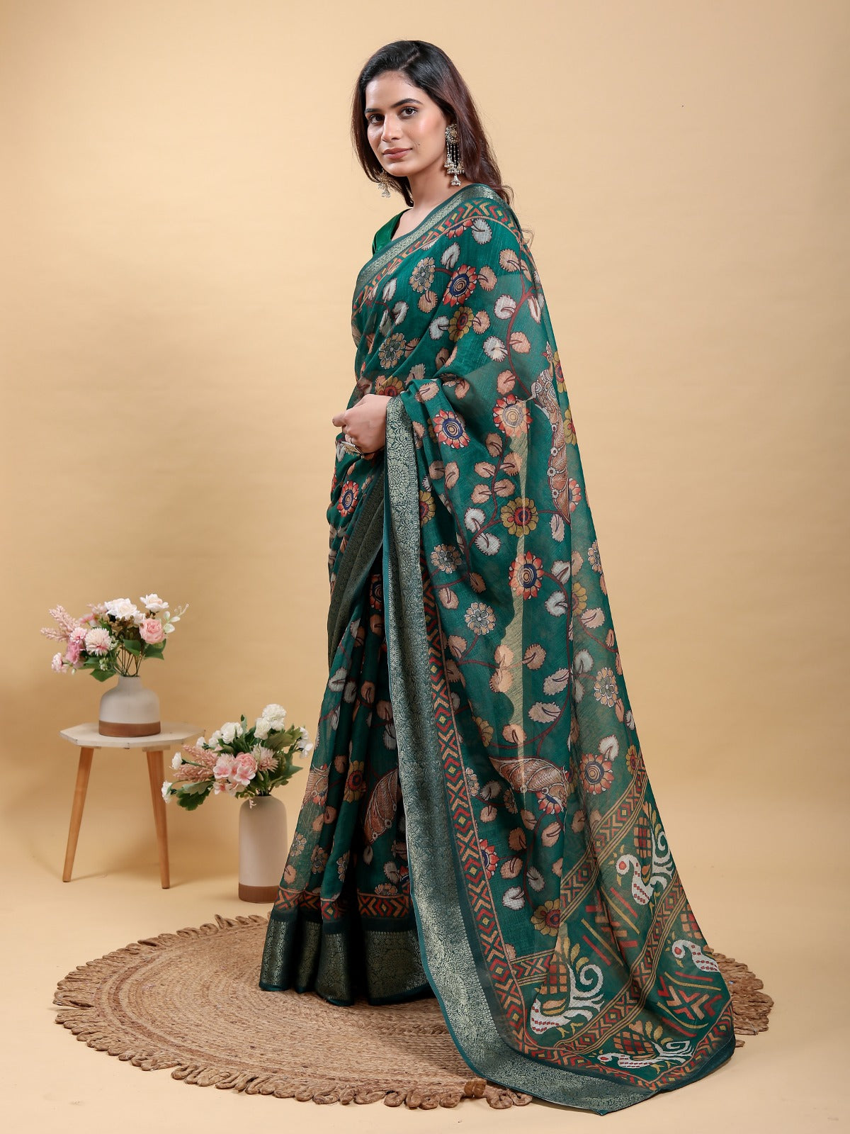 Elegant Forest Green Patola/Pochampally Print Saree with Zari Border