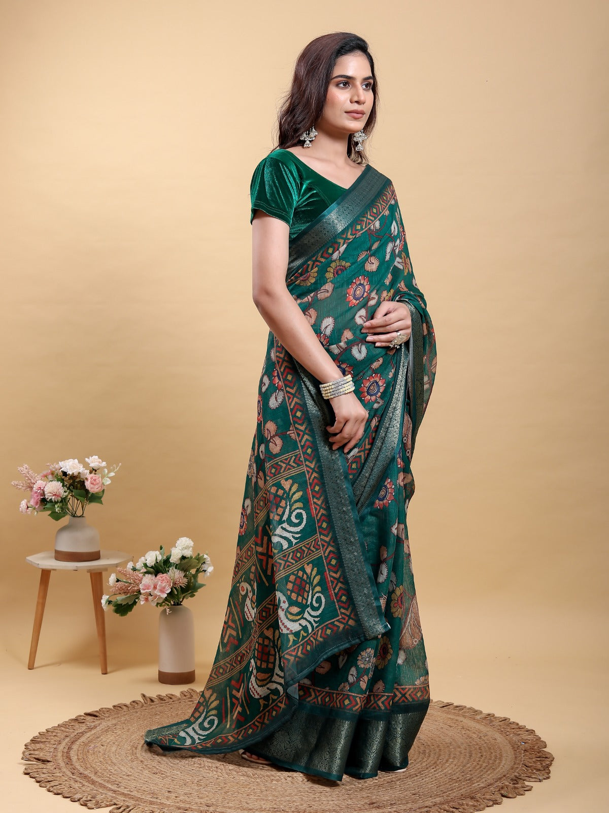 Elegant Forest Green Patola/Pochampally Print Saree with Zari Border