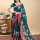 Stunning Teal Floral Saree with Contrast Pink/Maroon Zari Border