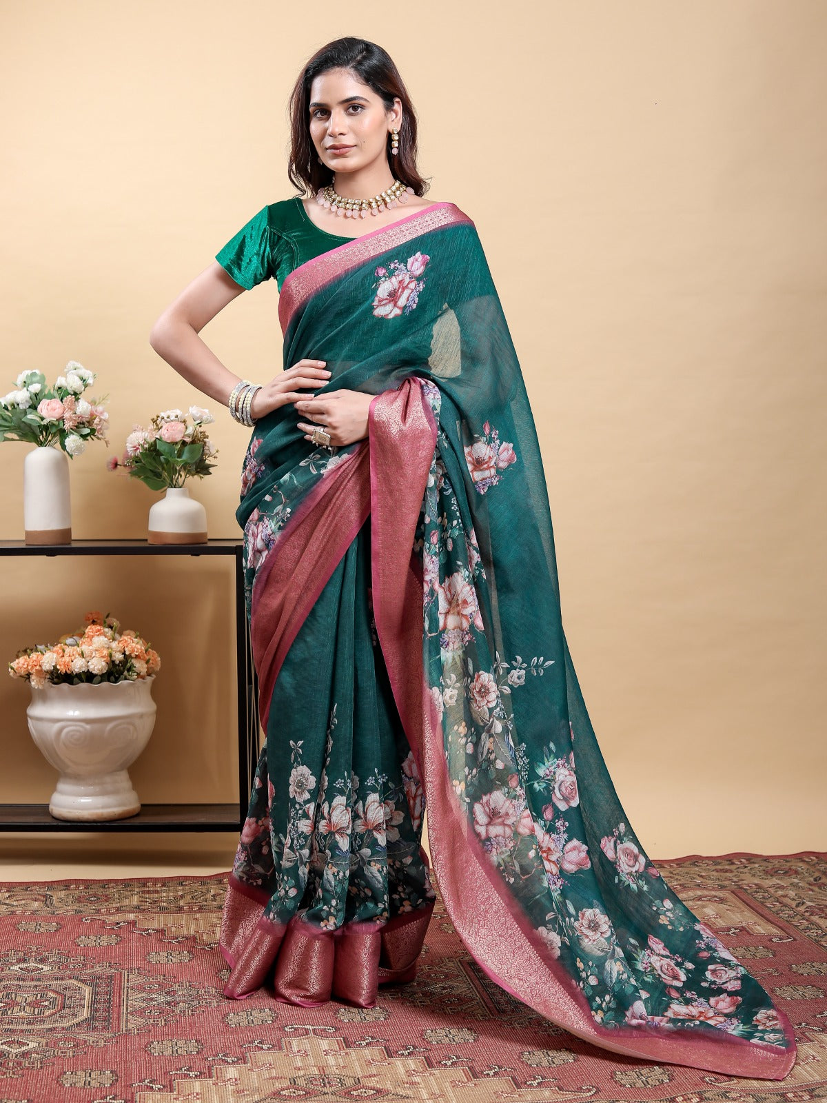 Stunning Teal Floral Saree with Contrast Pink/Maroon Zari Border