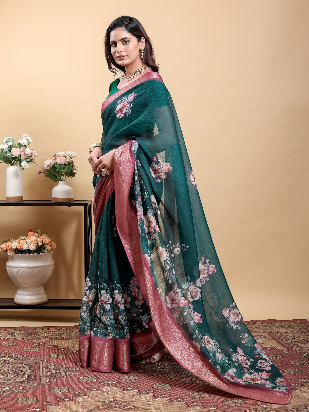 Stunning Teal Floral Saree with Contrast Pink/Maroon Zari Border