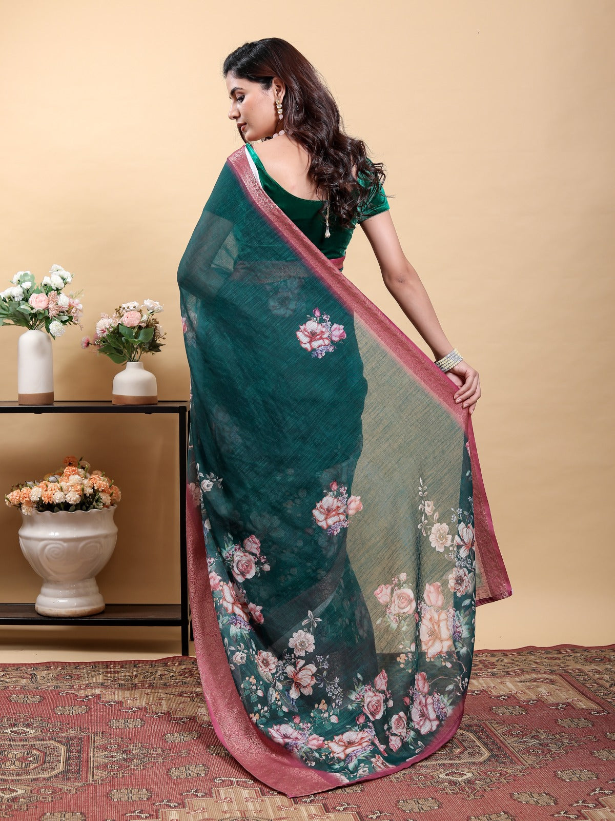 Stunning Teal Floral Saree with Contrast Pink/Maroon Zari Border