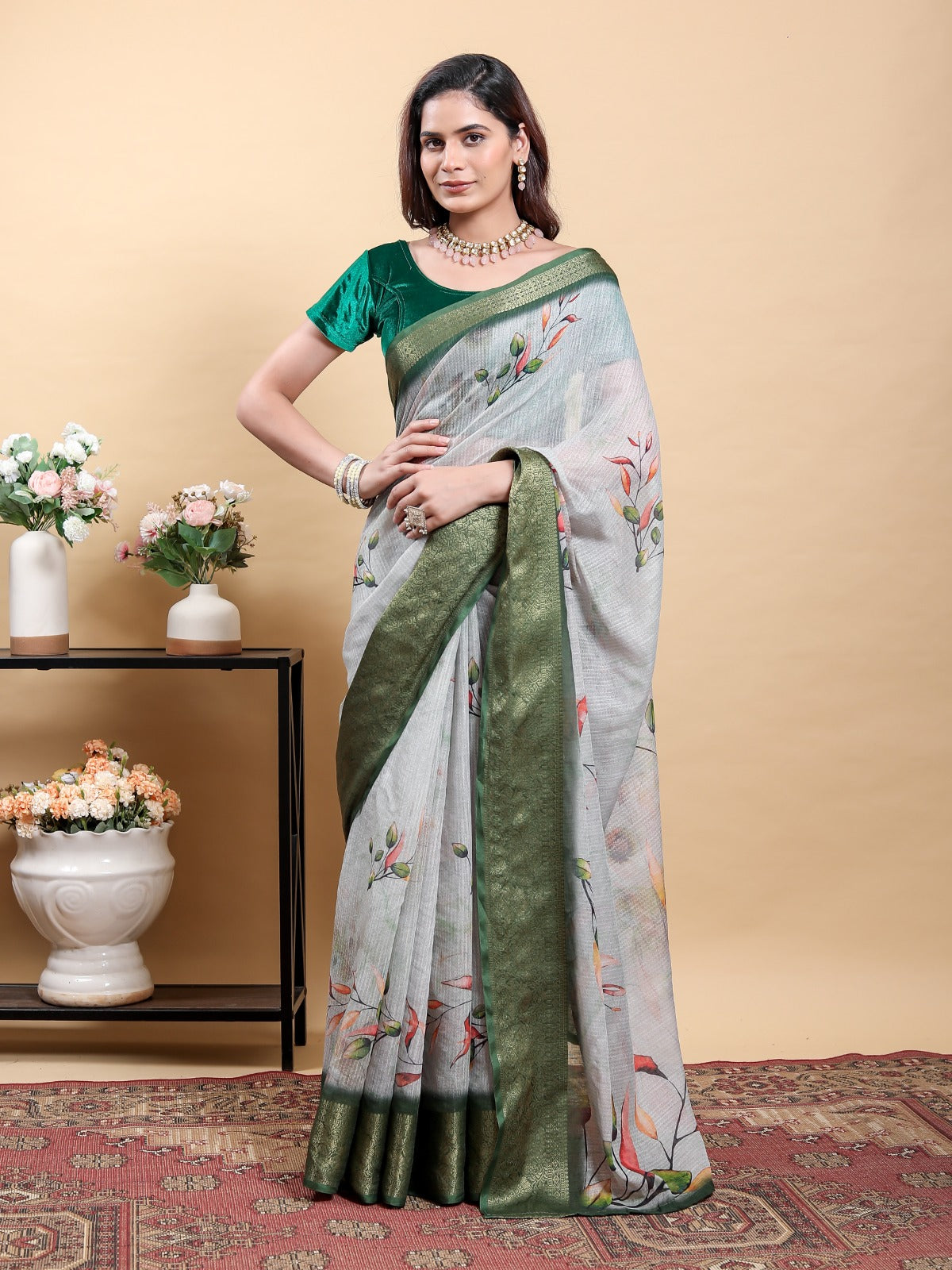 Elegant Light Grey Saree with Modern Floral Print and Zari Border