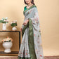 Elegant Light Grey Saree with Modern Floral Print and Zari Border