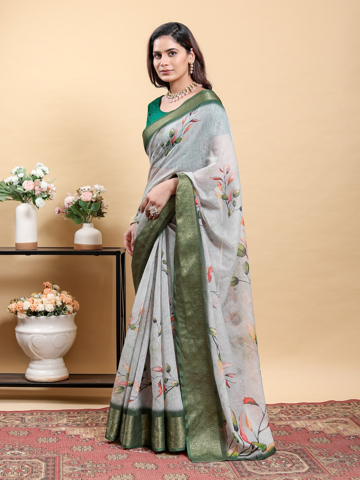 Elegant Light Grey Saree with Modern Floral Print and Zari Border