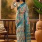 Aqua-Lined Spring Floral Linen Cotton Saree