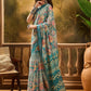 Aqua-Lined Spring Floral Linen Cotton Saree