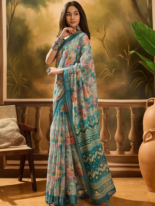 Aqua-Lined Spring Floral Linen Cotton Saree