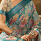Aqua-Lined Spring Floral Linen Cotton Saree