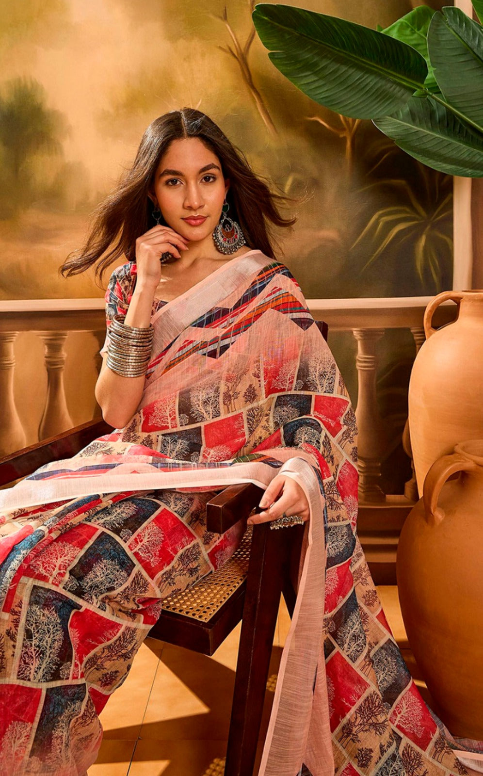 Pink Multicolor Check Linen Cotton Saree