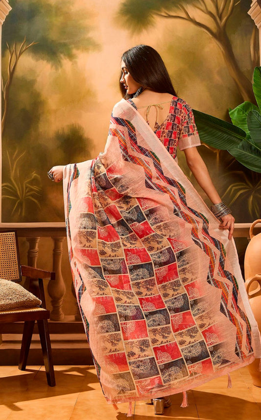 Pink Multicolor Check Linen Cotton Saree