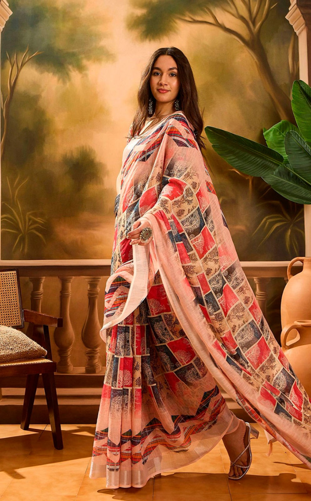 Pink Multicolor Check Linen Cotton Saree