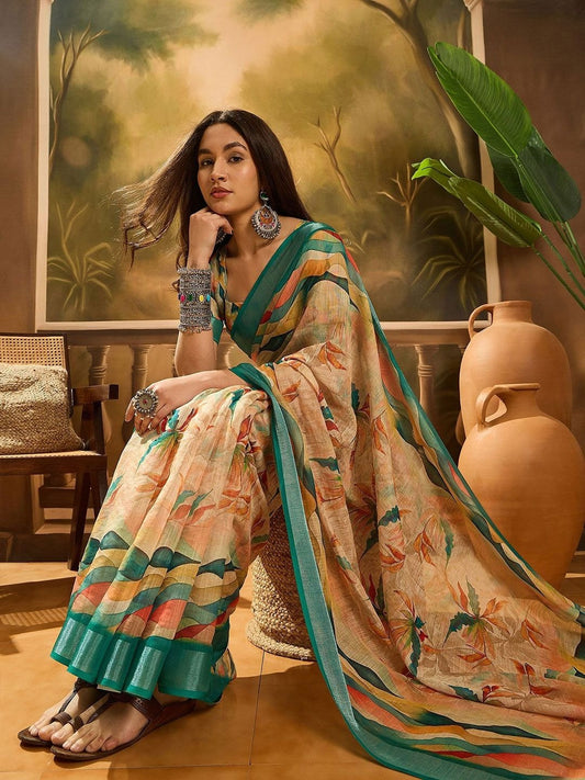 Beige Abstract Wave Linen Cotton Saree