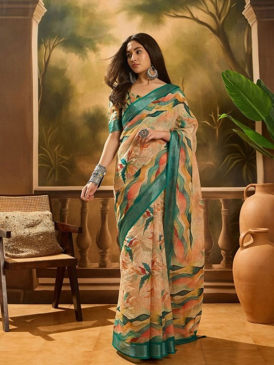 Beige Abstract Wave Linen Cotton Saree