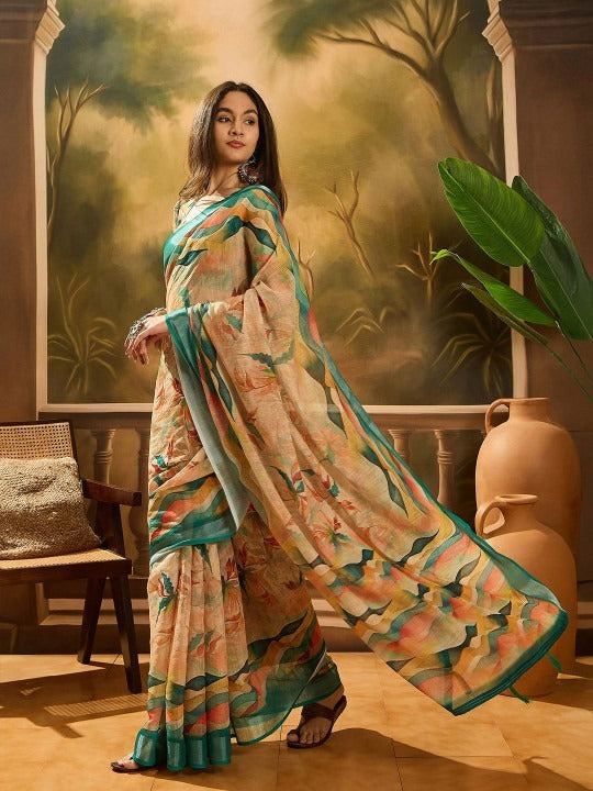 Beige Abstract Wave Linen Cotton Saree