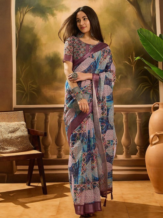 Purple Multi-Color Geometric Linen Cotton Saree