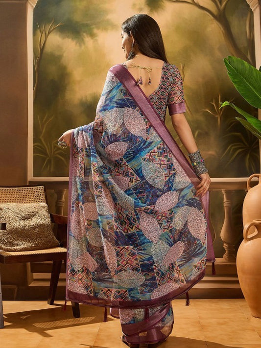 Purple Multi-Color Geometric Linen Cotton Saree