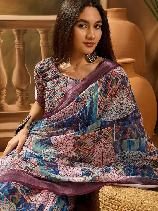 Purple Multi-Color Geometric Linen Cotton Saree