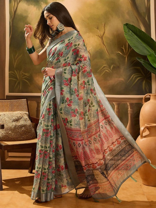 Sage Floral Ethnic Linen Cotton Saree
