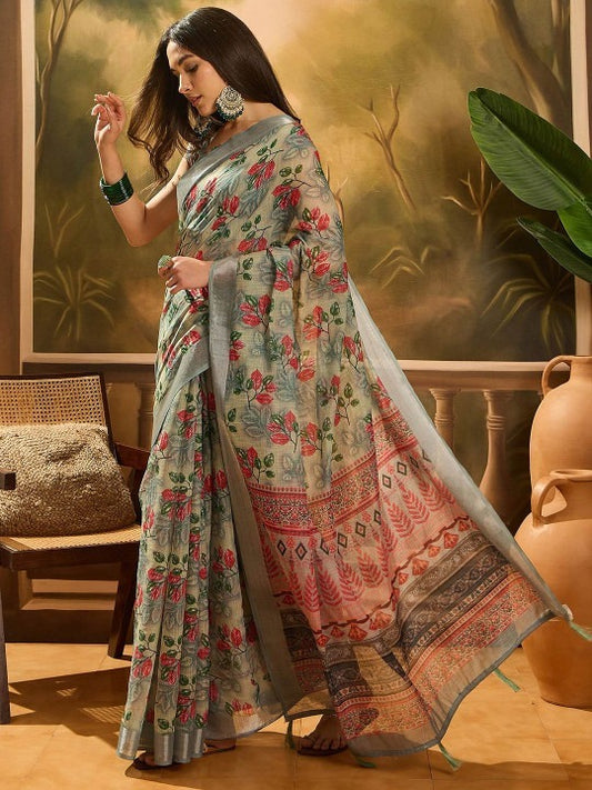 Sage Floral Ethnic Linen Cotton Saree