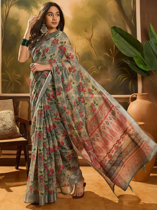 Sage Floral Ethnic Linen Cotton Saree
