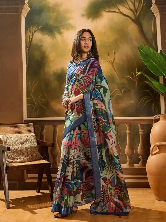 Elegant Blue Floral Digital Print Saree