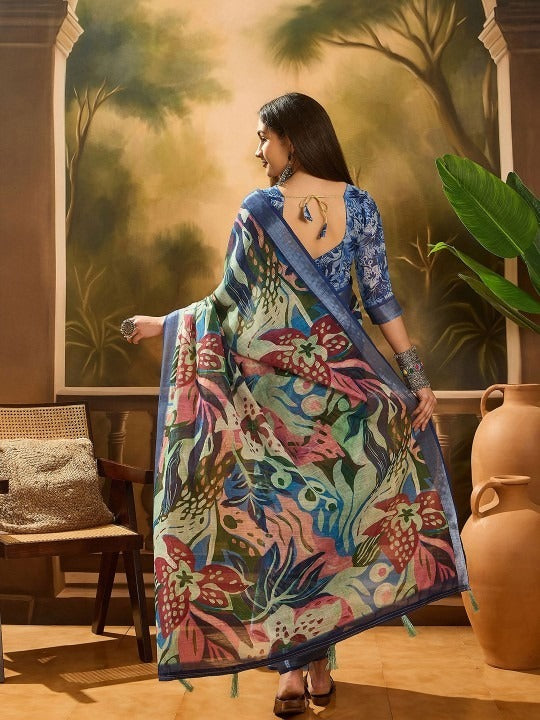 Elegant Blue Floral Digital Print Saree