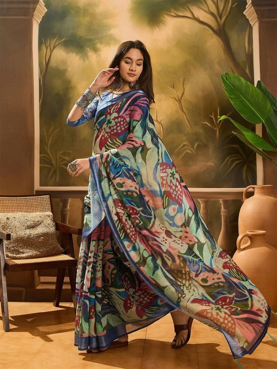 Elegant Blue Floral Digital Print Saree