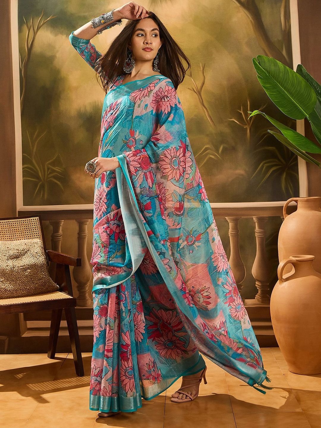 Sky Blue Floral Digital Print Sare