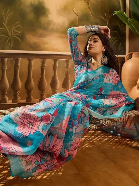 Sky Blue Floral Digital Print Sare