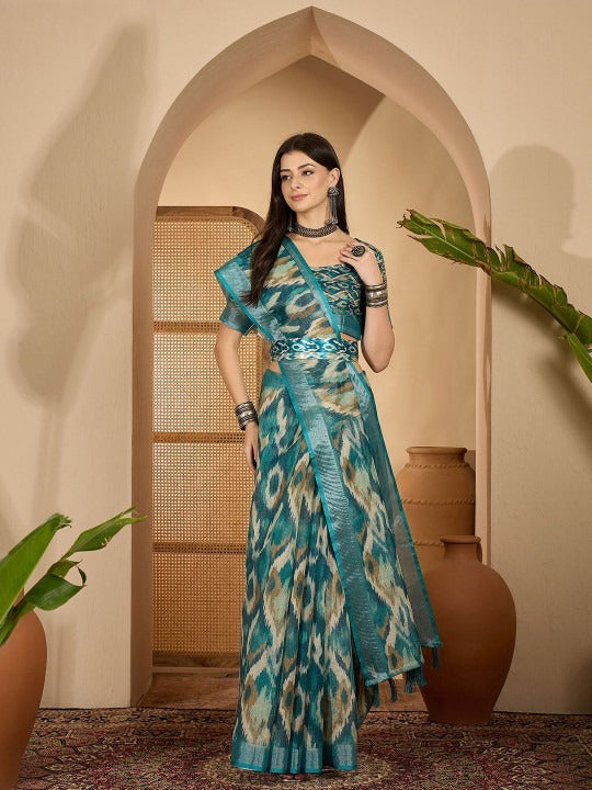 Teal Blue Abstract Linen Cotton Saree